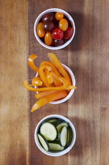 Yellow pepper, tomatoes and cucumber