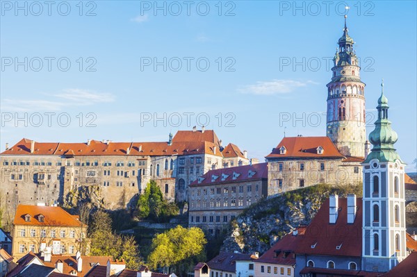 Czech Republic, South Bohemia, Cesky Krumlov, Castle and buildings against clear sky