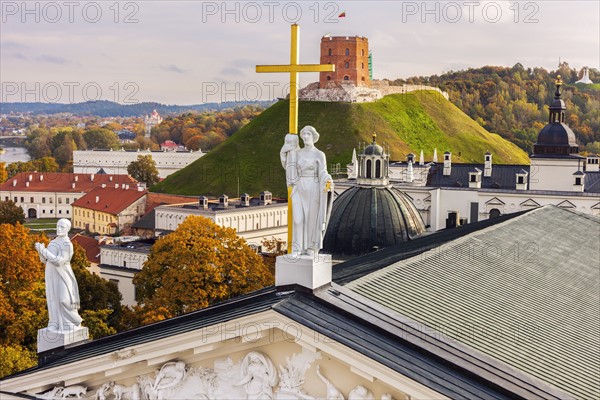 Lithuania, Vilnius, Vilnius cathedral roof with cityscape in background