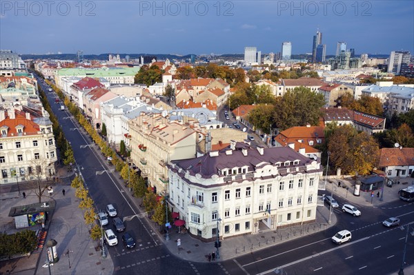 Lithuania, Vilnius, Old architecture of town with skyscrapers in background