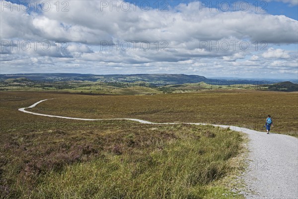 Ireland, Cavan County, Cuilcagh Mountain Park, Woman walking along winding road