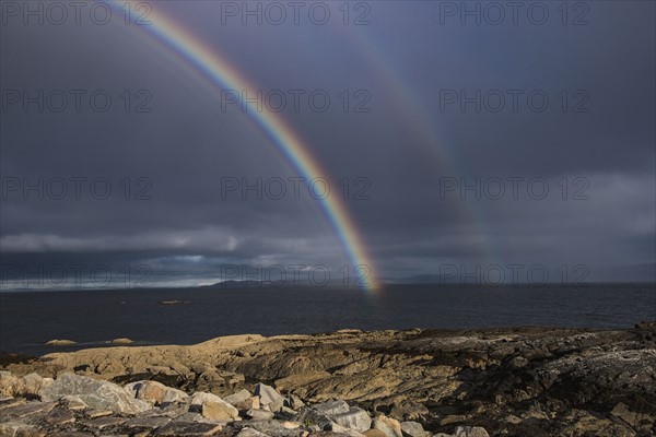 Ireland, Galway County, Spiddal, Double rainbow over sea