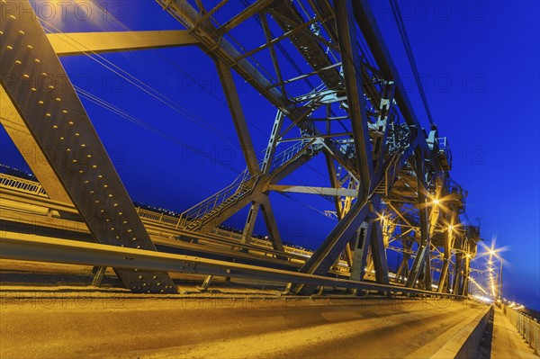 Ukraine, Dnepropetrovsk region, Dnepropetrovsk city, Illuminated bridge at night