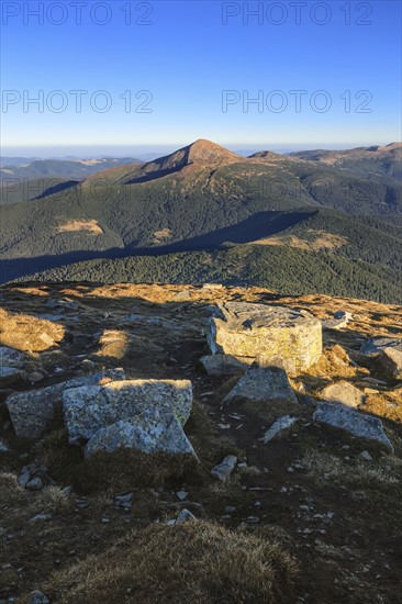 Ukraine, Zakarpattia region, Rakhiv district, Carpathians, Chornohora, Mountain landscape with mountain Hoverla and mountain Petros