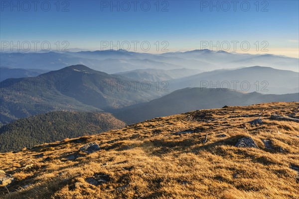 Ukraine, Zakarpattia region, Rakhiv district, Carpathians, Chornohora, Mountain landscape with mountain Hoverla and mountain Petros