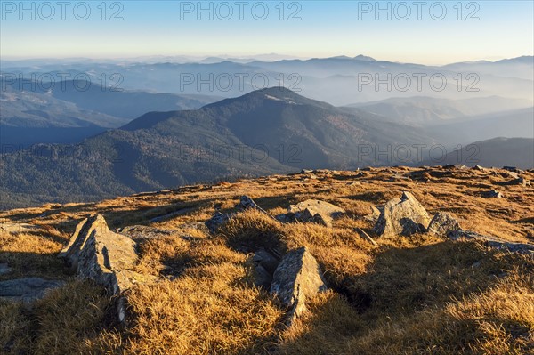 Ukraine, Zakarpattia region, Rakhiv district, Carpathians, Chornohora, Mountain landscape with mountain Hoverla and mountain Petros