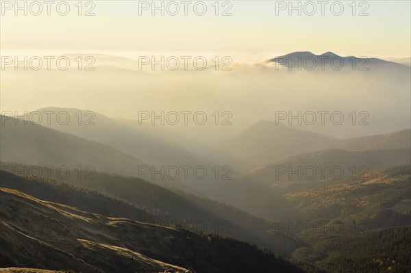 Ukraine, Zakarpattia region, Rakhiv district, Carpathians, Chornohora, Mountain landscape with mist