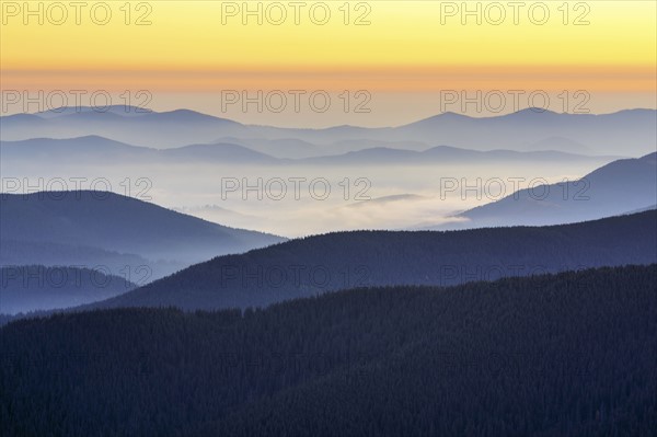 Ukraine, Zakarpattia region, Rakhiv district, Carpathians, Chornohora, Mountain landscape with mist