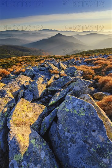 Ukraine, Zakarpattia region, Carpathians, Chornohora, Stones on mountain Hoverla