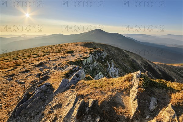 Ukraine, Zakarpattia region, Carpathians, Chornohora, mountain Petros, Blue sky over mountain Hoverla