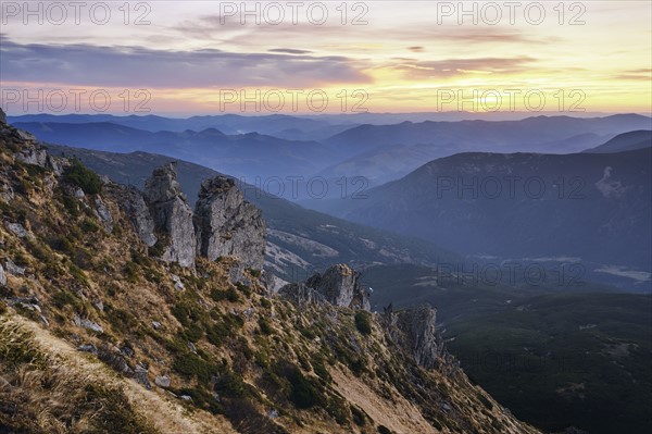 Ukraine, Ivano-Frankivsk region, Verkhovyna district, Carpathians, Chornohora, Sunset over Mountain Shpytsi