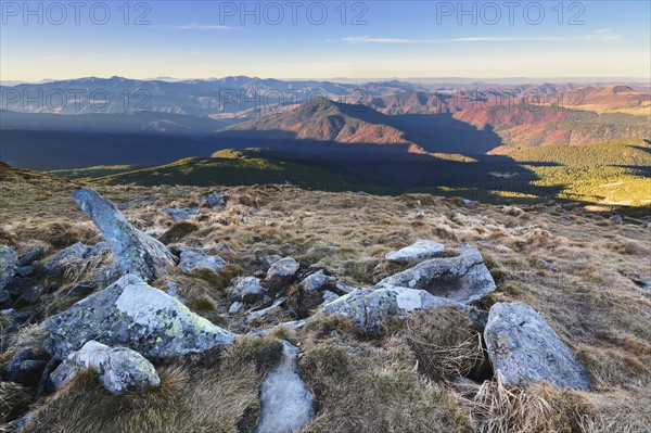 Ukraine, Zakarpattia region, Carpathians, Chornohora, mountain Hoverla, Blue sky over mountain range