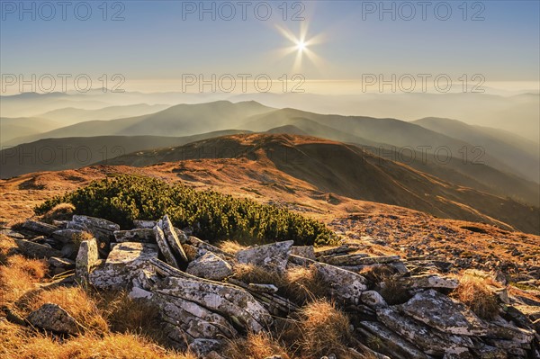 Ukraine, Zakarpattia region, Rakhiv district, Carpathians, Chornohora, mountain Petros, Fog over mountain range