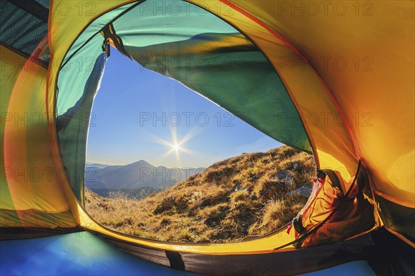 Ukraine, Zakarpattia region, Rakhiv district, Carpathians, Chornohora, View from tent on mountain Hoverla and mountain Petros