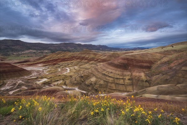 USA, Oregon, Painted Hills, Scenic view of striped mountains
