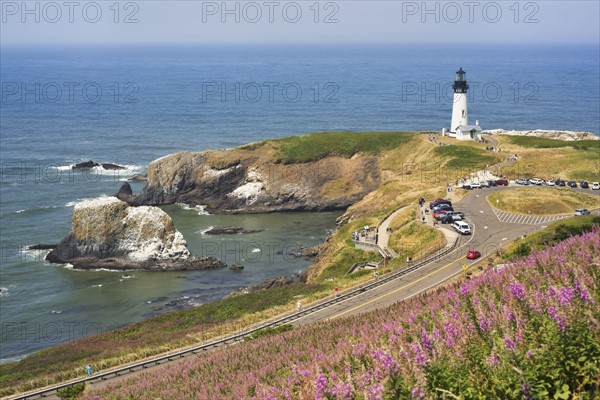 USA, Oregon, Yaquina Head Lighthouse, Aerial view of lighthouse on sea coast