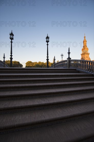 Spain, Andalusia, Seville, Stairway on Plaza de Espana at dawn