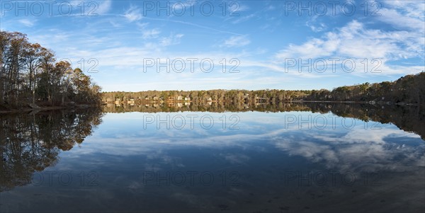 USA, Massachusetts, Cape Cod, Falmouth, Panoramic view of pond with reflection