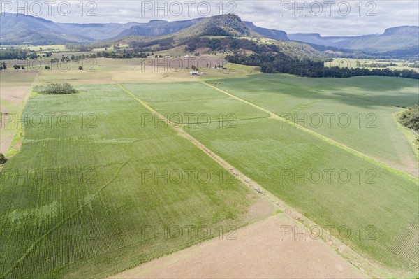 Australia, Landscape with fields and Kangaroo Valley in distance