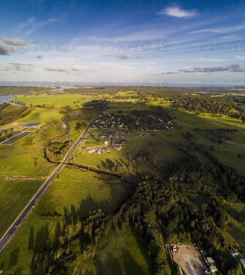 Australia, New South Wales, Moruya, Landscape with town and river