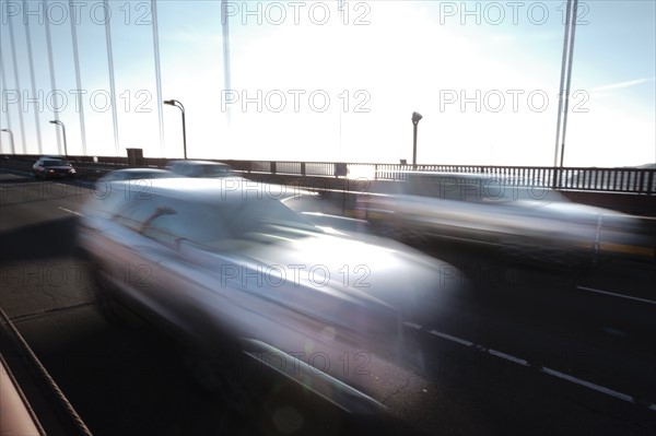 USA, California, San Francisco, Golden Gate Bridge, Cars in blurred motion