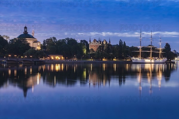 Ship on river at sunset in Stockholm, Sweden