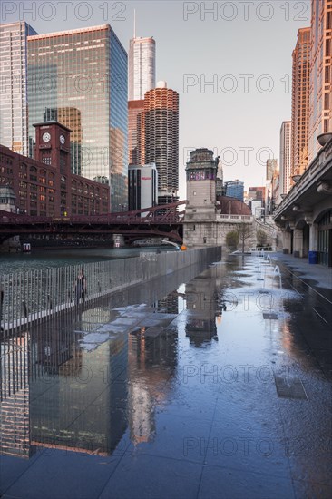 Fountains by office buildings in Chicago, Illinois, USA