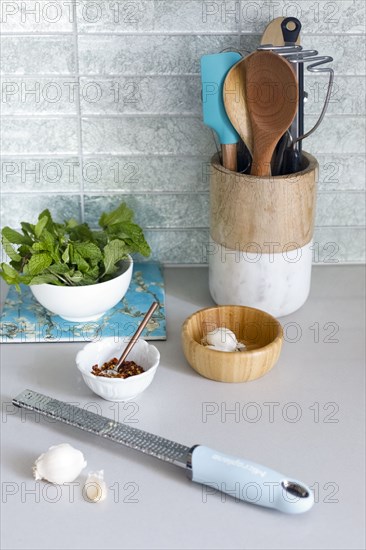 Grater with garlic on kitchen counter
