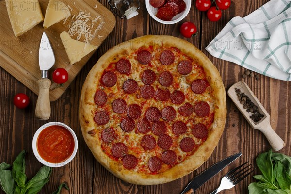 Pepperoni pizza with ingredients