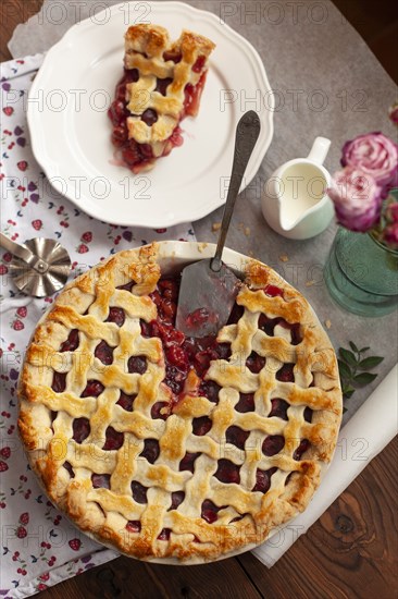 High angle view of cherry pie