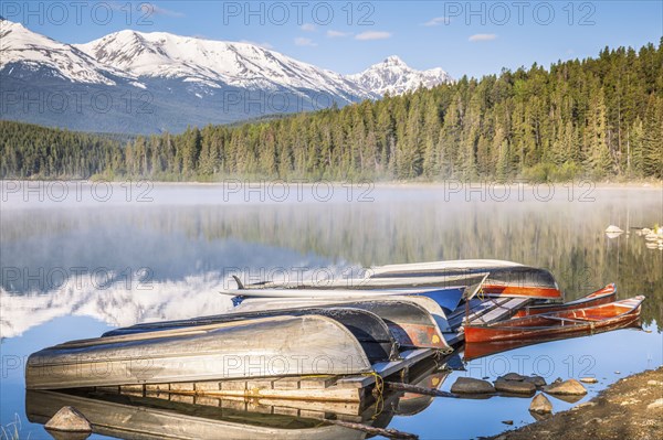 Canoes on Patricia Lake in Jasper National Park, Alberta, Canada