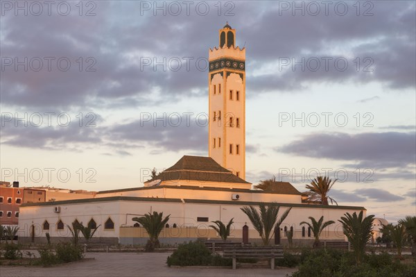 Eddarham Mosque at sunset in Dakhla, Morocco