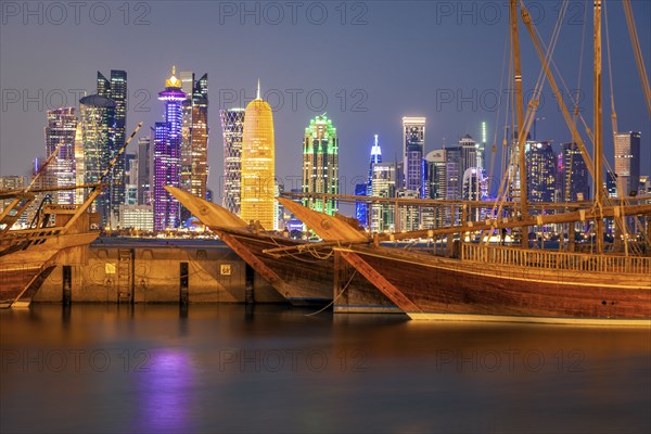 Port by skyline of Doha, Qatar