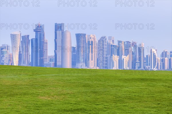 Lawn by skyline of Doha, Qatar