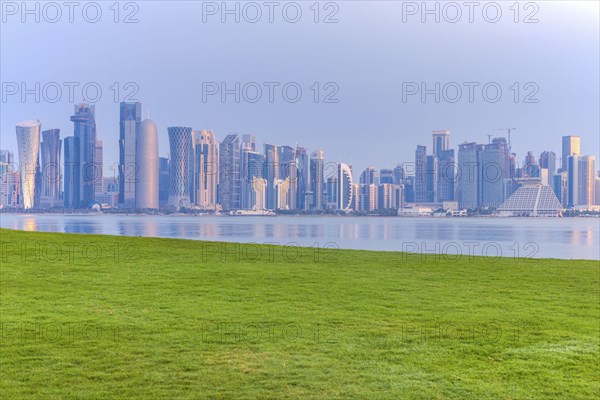 Lawn by skyline of Doha, Qatar