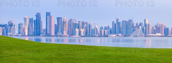 Lawn by skyline of Doha, Qatar