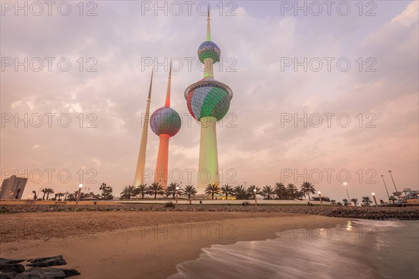 Kuwait Towers at sunset in Kuwait City, Kuwait