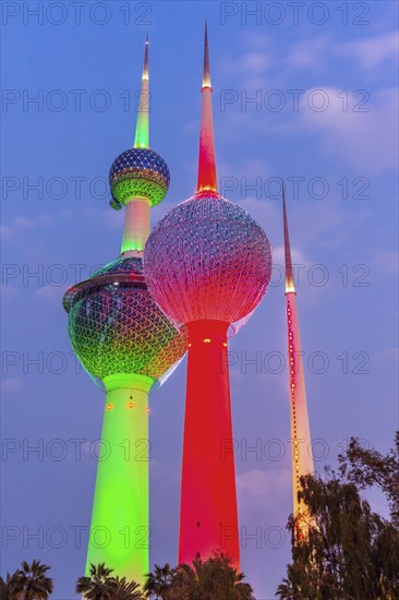 Lit Kuwait Towers in Kuwait City, Kuwait