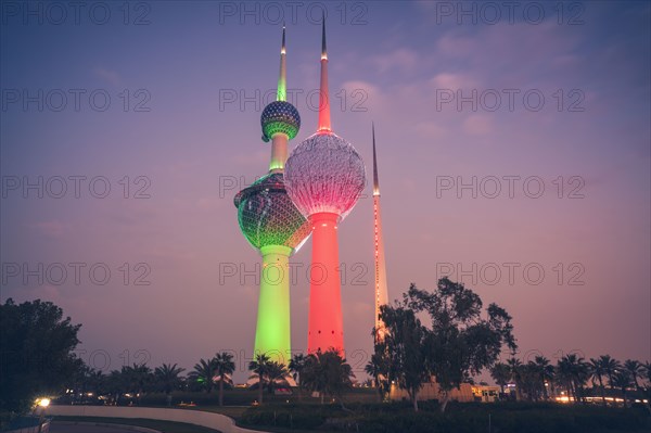 Lit Kuwait Towers in Kuwait City, Kuwait