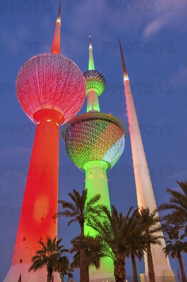 Lit Kuwait Towers in Kuwait City, Kuwait