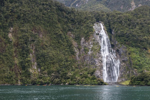 Waterfall in Milford Sound, New Zealand