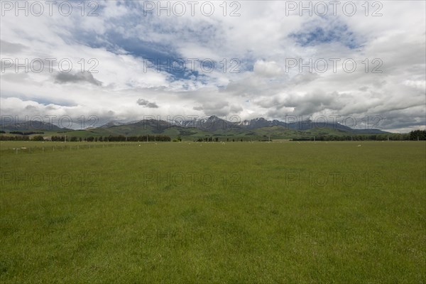 Green field under cloudscape in Te Anau Downs, New Zealand