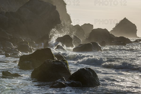 Rocks on beach at sunset in Barrytown, New Zealand