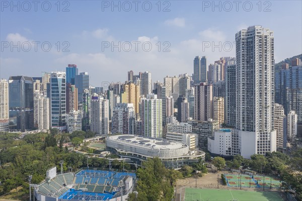 City skyline by sports stadiums in Hong Kong, China