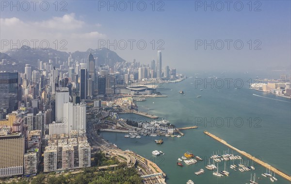 Cityscape by sea in Hong Kong, China