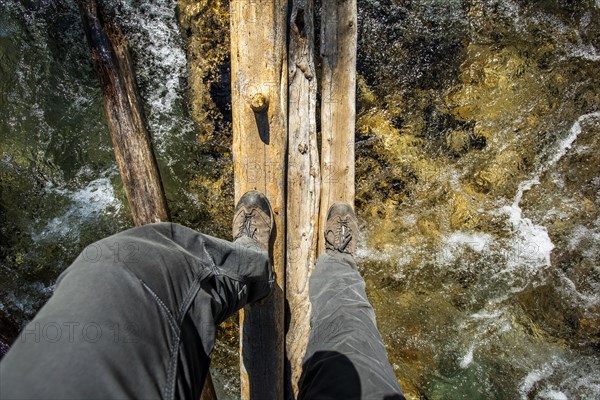 Man walking on fallen tree over river