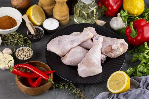 Raw chicken on plate surrounded by ingredients