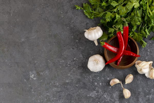 Parsley, garlic and chili peppers