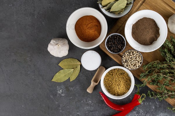 Herbs and spices with chili peppers