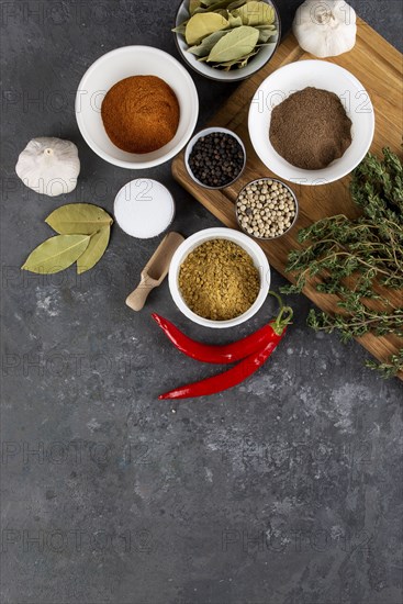 Herbs and spices with chili peppers